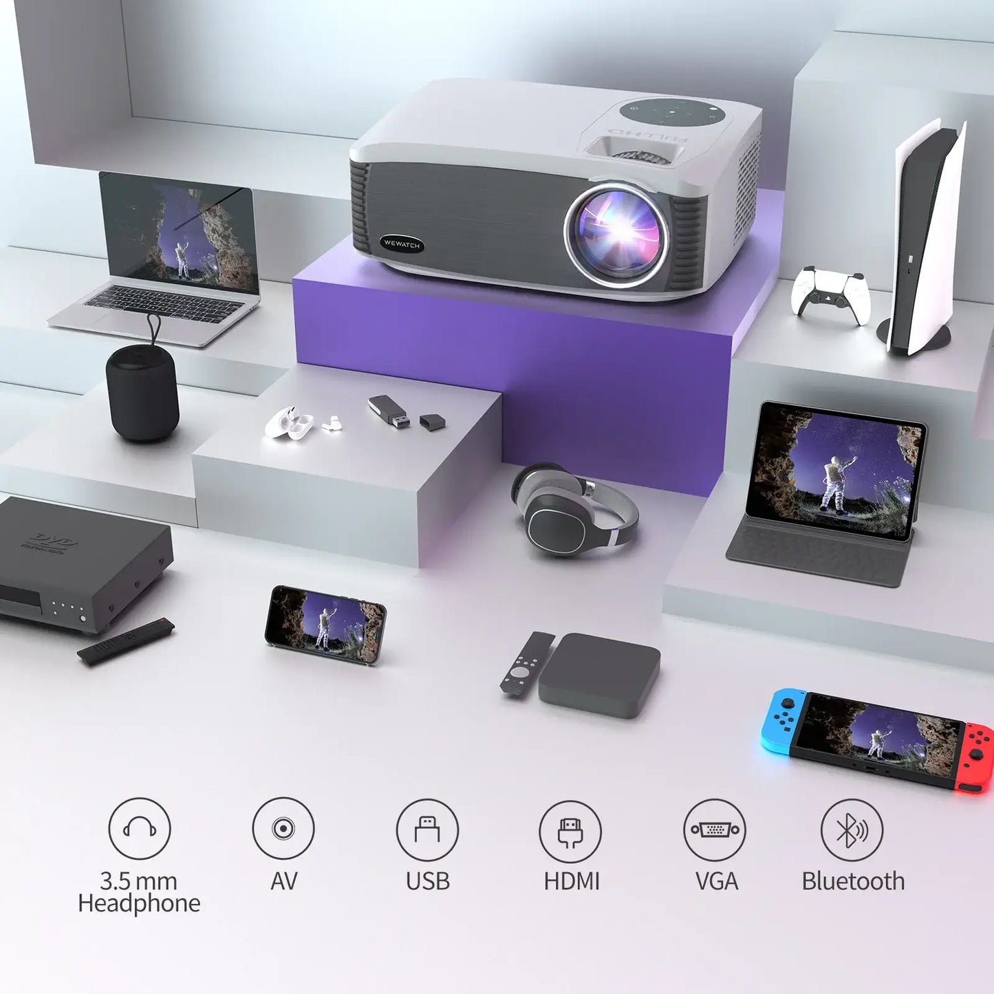 WEWATCH V70/V70 Pro Projector: 350-500 ANSI Lumens, Native 1080P, 30"-200" Screen, 8W*2 Speaker