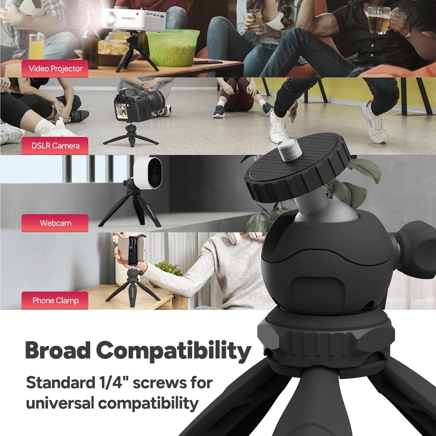 WEWATCH Mini Desktop Tripod Stand - PS102 6.3 inch Pocket Projector Tripods Stand Mount with 360°Ball Head, Small Tripod Handle for DSLR Camera Webcam Phone Holder Selfie Stick Vlog Tripod, Black