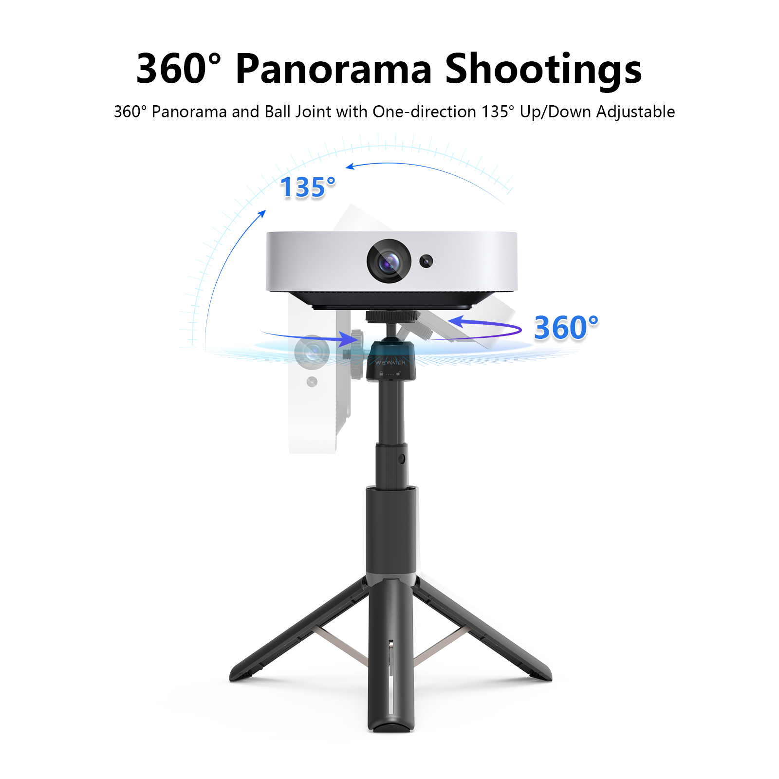 WEWATCH PS201 Adjustable-Height Tripod Stand, 31 Compact Aluminum Alloy  Portable Projector Stand, Selfie Stick Tripod with 360° Panorama,  One-Button